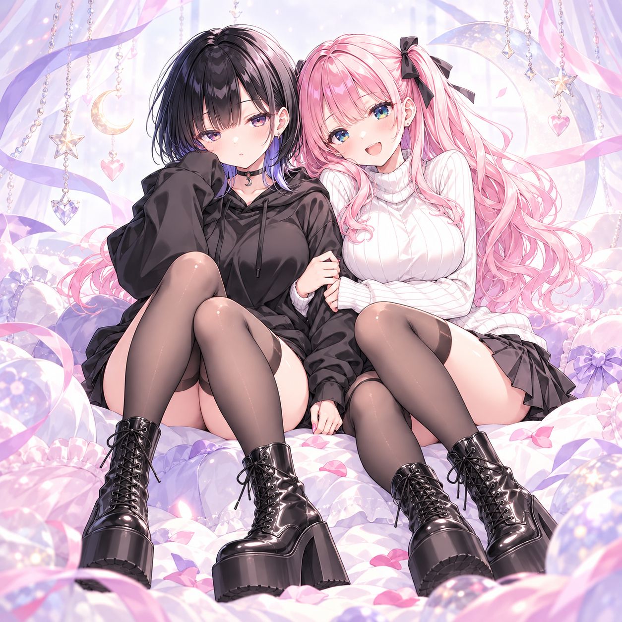 ベッドに並んで座る小夜ルナと小夜ヒナ